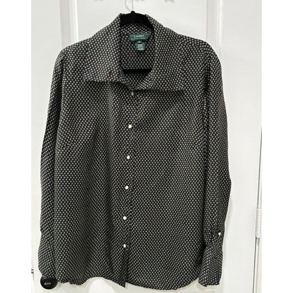 Lauren Ralph Lauren 100% Silk Blouse Womens 1X Black Geometric Print Button Down